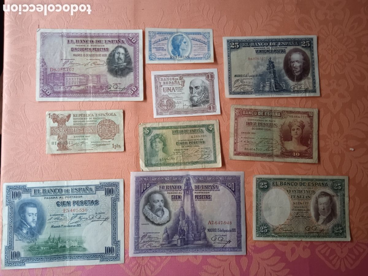 Billetes espa&ntilde;oles: Conjunto de 10 billetes de la 2&deg; rep&uacute;blica 1938 - Foto 1