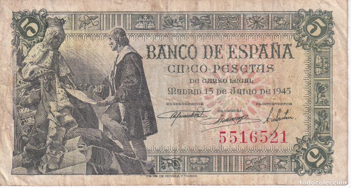 Billetes espa&ntilde;oles: BILLETE DE 5 PESETAS DEL A&Ntilde;O 1945 DE ISABEL LA CATOLICA Y CRISTOBAL COLON SIN SERIE