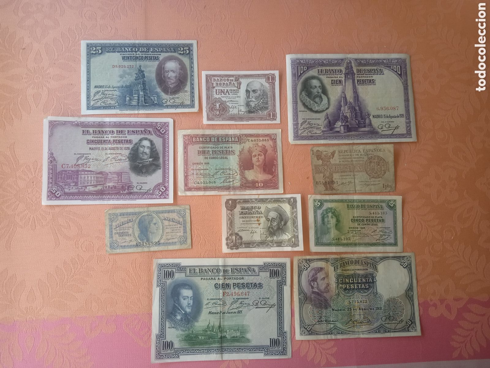 Billetes espa&ntilde;oles: Conjunto de 11 billetes de la rep&uacute;blica de 1938 - Foto 1