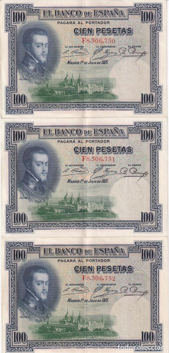 Billetes espa&ntilde;oles: TRIO CORRELATIVO DE 100 PESETAS DEL A&Ntilde;O 1925 SERIE F EN CALIDAD EBC