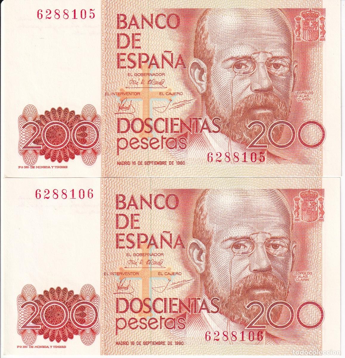 Billetes espa&ntilde;oles: PAREJA CORRELATIVA DE 200 PESETAS DEL A&Ntilde;O 1980 SIN SERIE SIN CIRCULAR (SC) (ALAS CLARIN)