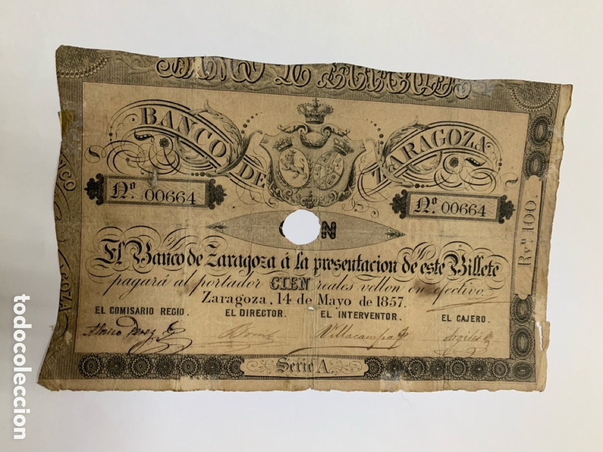 Billetes espa&ntilde;oles: Billete de 100 reales de vell&oacute;n , banco de Zaragoza 1857
