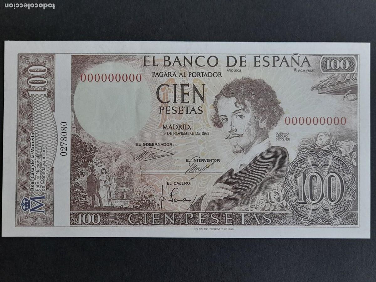 Spanish Banknotes: Billete 100 pesetas Gustavo Adolfo Bequer a&ntilde;o 1965, r&eacute;plica oficial numerada Real casa de la moneda