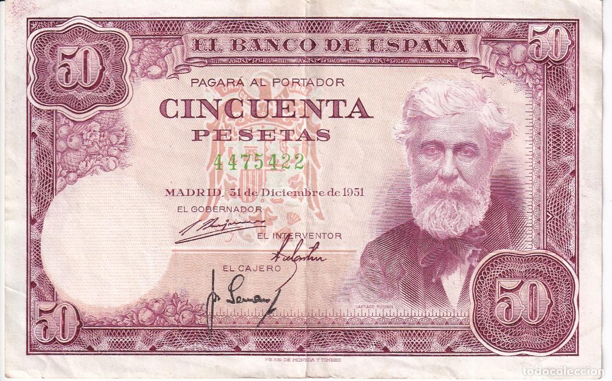Billetes espa&ntilde;oles: BILLETE DE 50 PESETAS DEL A&Ntilde;O 1951 DE SANTIAGO RUSI&Ntilde;OL SIN SERIE