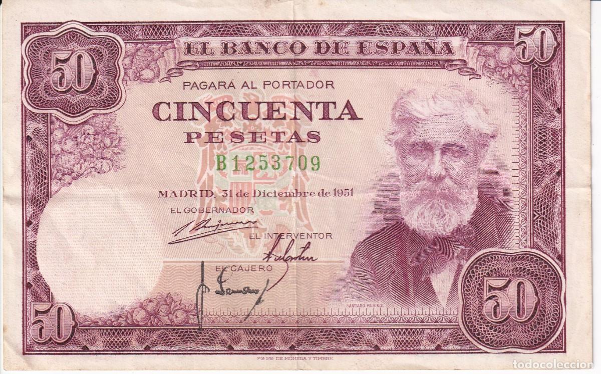 Billetes espa&ntilde;oles: BILLETE DE 50 PESETAS DEL A&Ntilde;O 1951 DE SANTIAGO RUSI&Ntilde;OL SERIE B