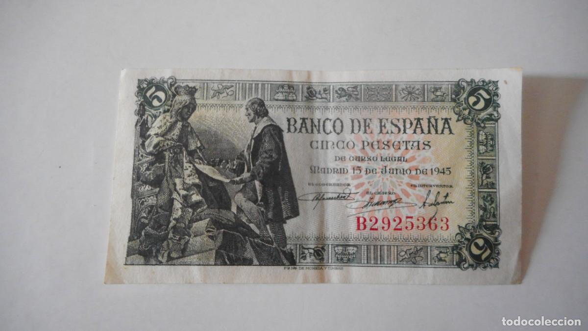 Billetes espa&ntilde;oles: 5 PESETAS 15 JUNIO 1945 / MBC+ - Foto 1