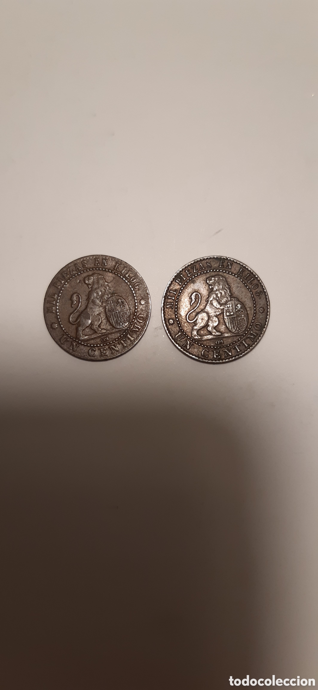 Billetes espa&ntilde;oles: Dos monedas de un c&eacute;ntimo(1gramo)de 1870. - Foto 2