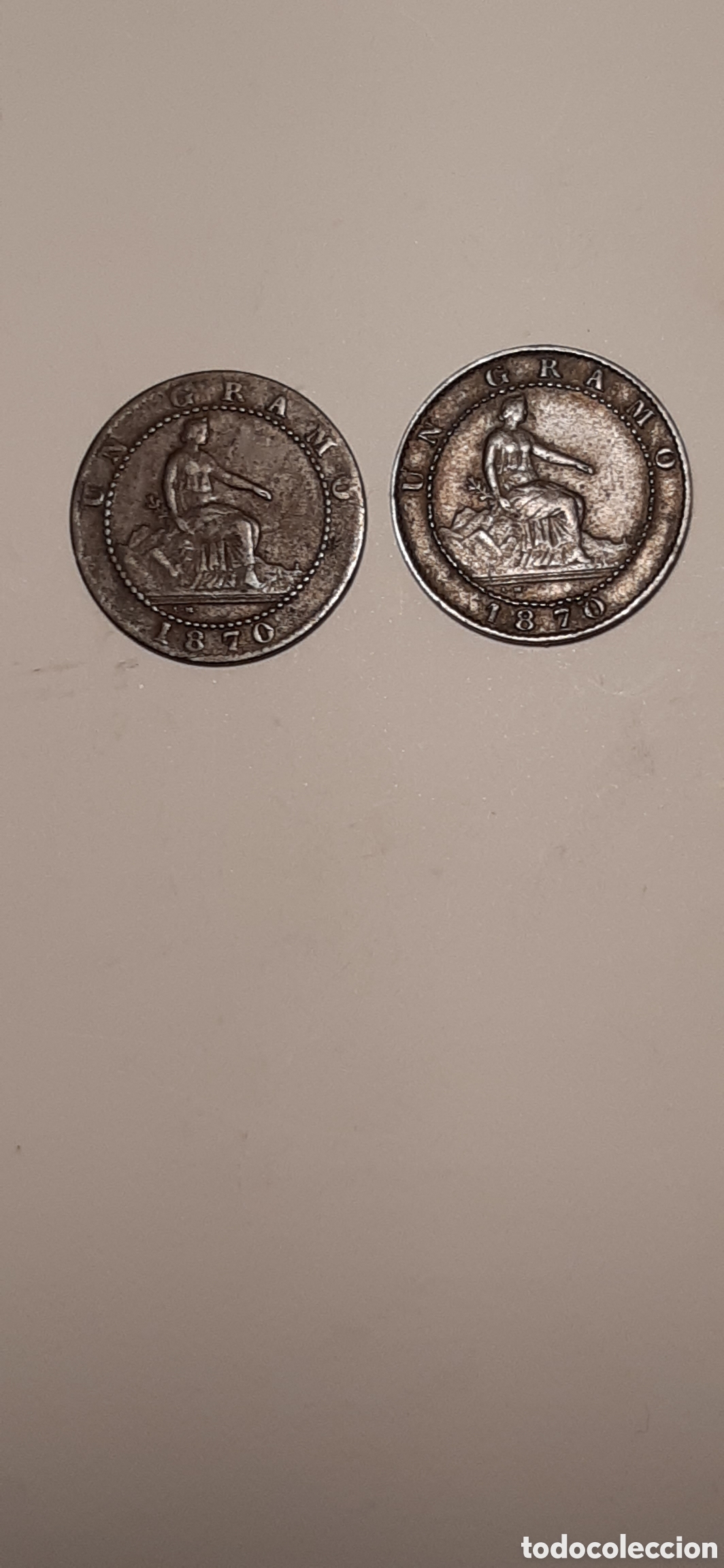 Billetes espa&ntilde;oles: Dos monedas de un c&eacute;ntimo(1gramo)de 1870.