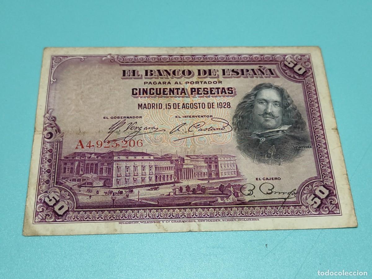Billetes espa&ntilde;oles: Billete 50 Pesetas 1928 VEL&Aacute;ZQUEZ. Original - SERIE A - 15 agosto 1.928