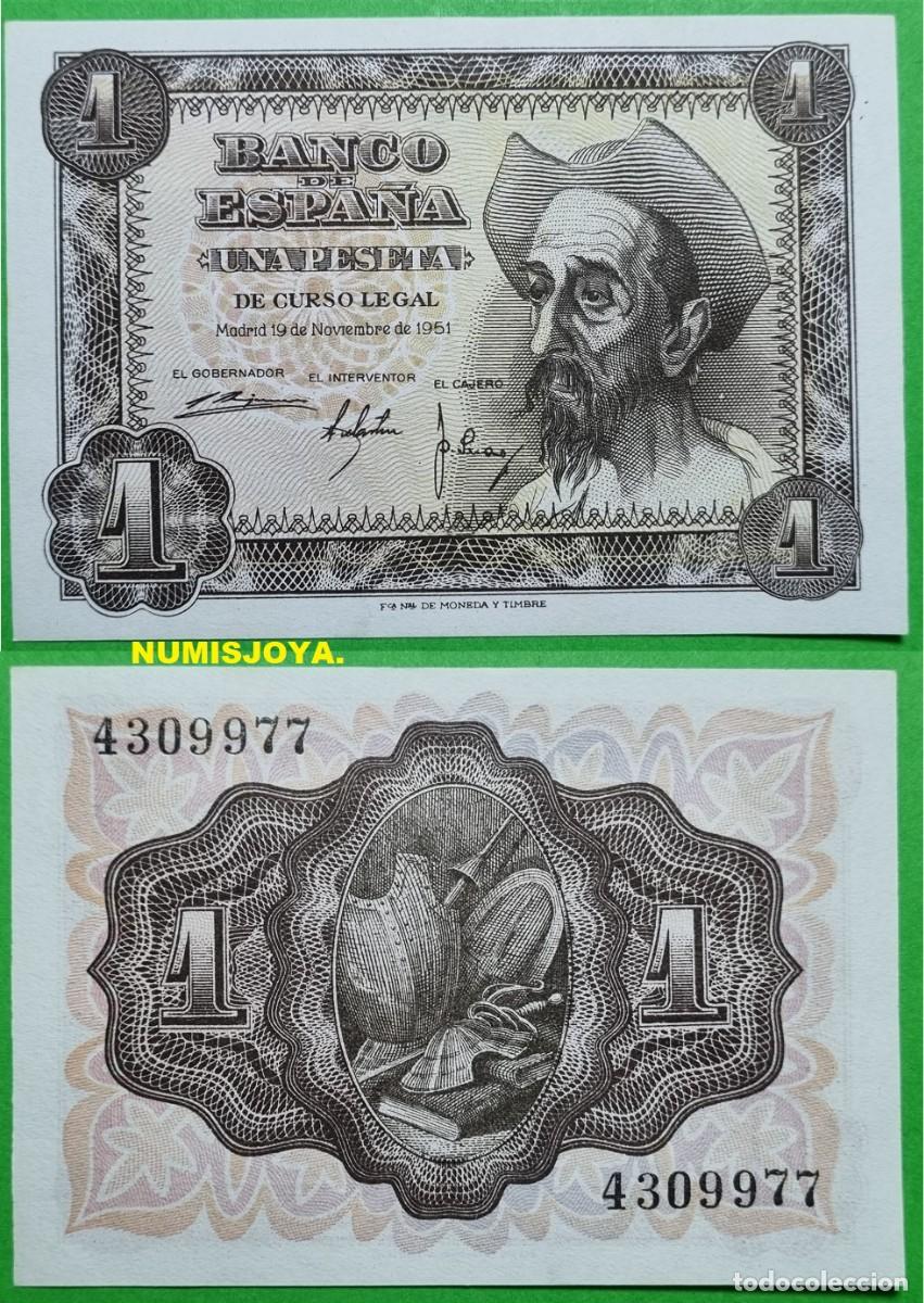 Billetes espa&ntilde;oles: 1 peseta 1951 &rdquo;QUIJOTE&rdquo; OJO sin serie 4309977. SIN CIRCULAR PLANCHA BONITA.