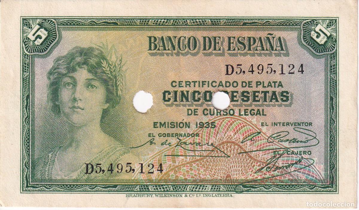 Spanish Banknotes: &iexcl;INUTILIZADO! BILLETE DE 5 PESETAS DEL A&Ntilde;O 1935 CON CERTIFICADO DE PLATA CON TALADROS
