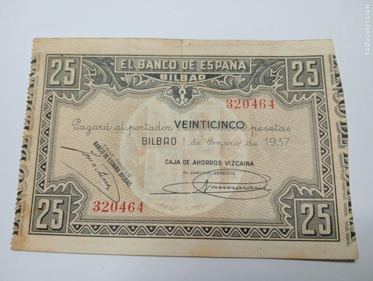 Billets espagnols: BILLETE ORIGINAL BANCO DE BILBAO GUERRA CIVL METALURGICA HERREROS A&Ntilde;O 1937 25 PESETAS VEINTICINCO