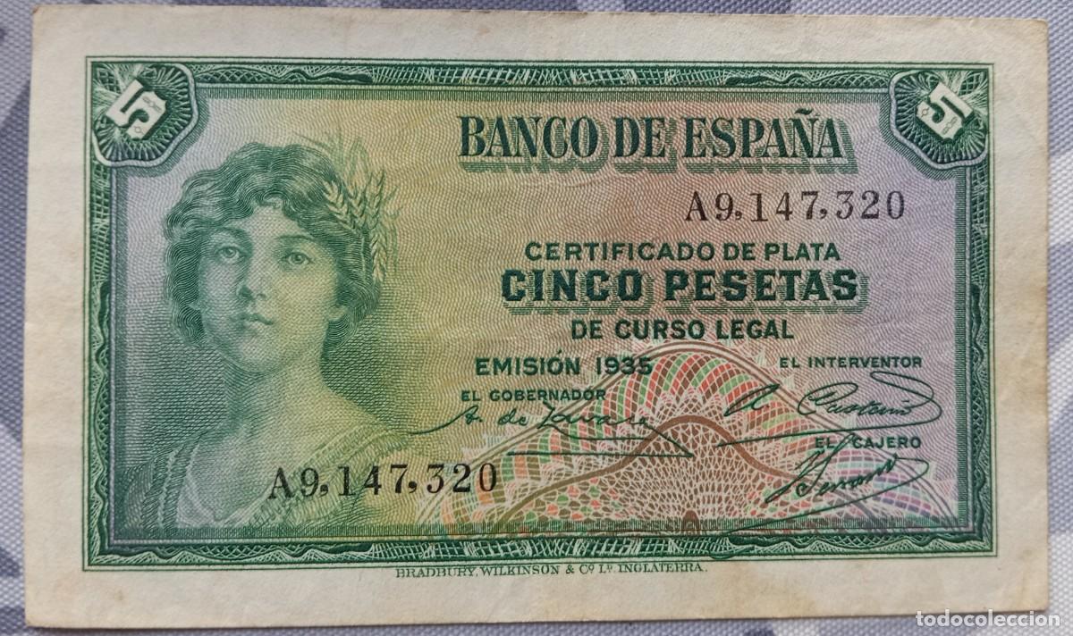 Billetes espa&ntilde;oles: 5 pesetas 1935 serie A (MBC+)