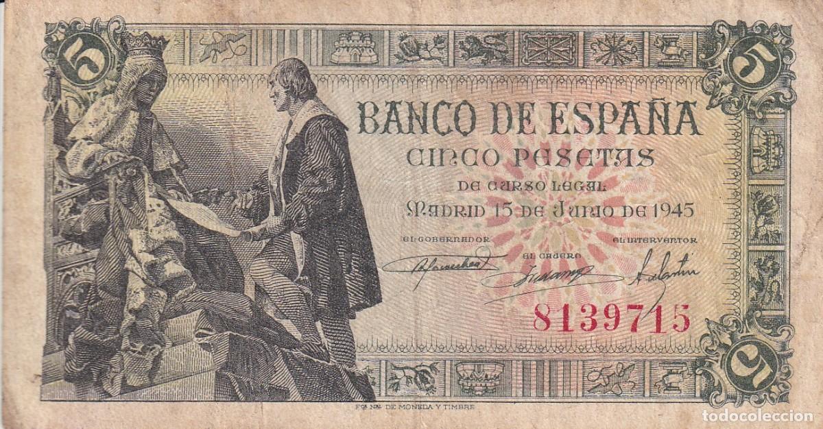 Billetes espa&ntilde;oles: BILLETE DE 5 PESETAS DEL A&Ntilde;O 1945 DE ISABEL LA CATOLICA Y CRISTOBAL COLON SIN SERIE