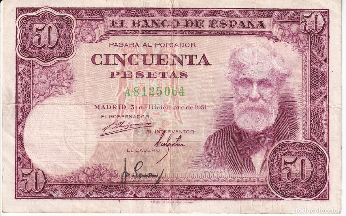 Billetes espa&ntilde;oles: BILLETE DE 50 PESETAS DEL A&Ntilde;O 1951 DE SANTIAGO RUSI&Ntilde;OL SERIE A