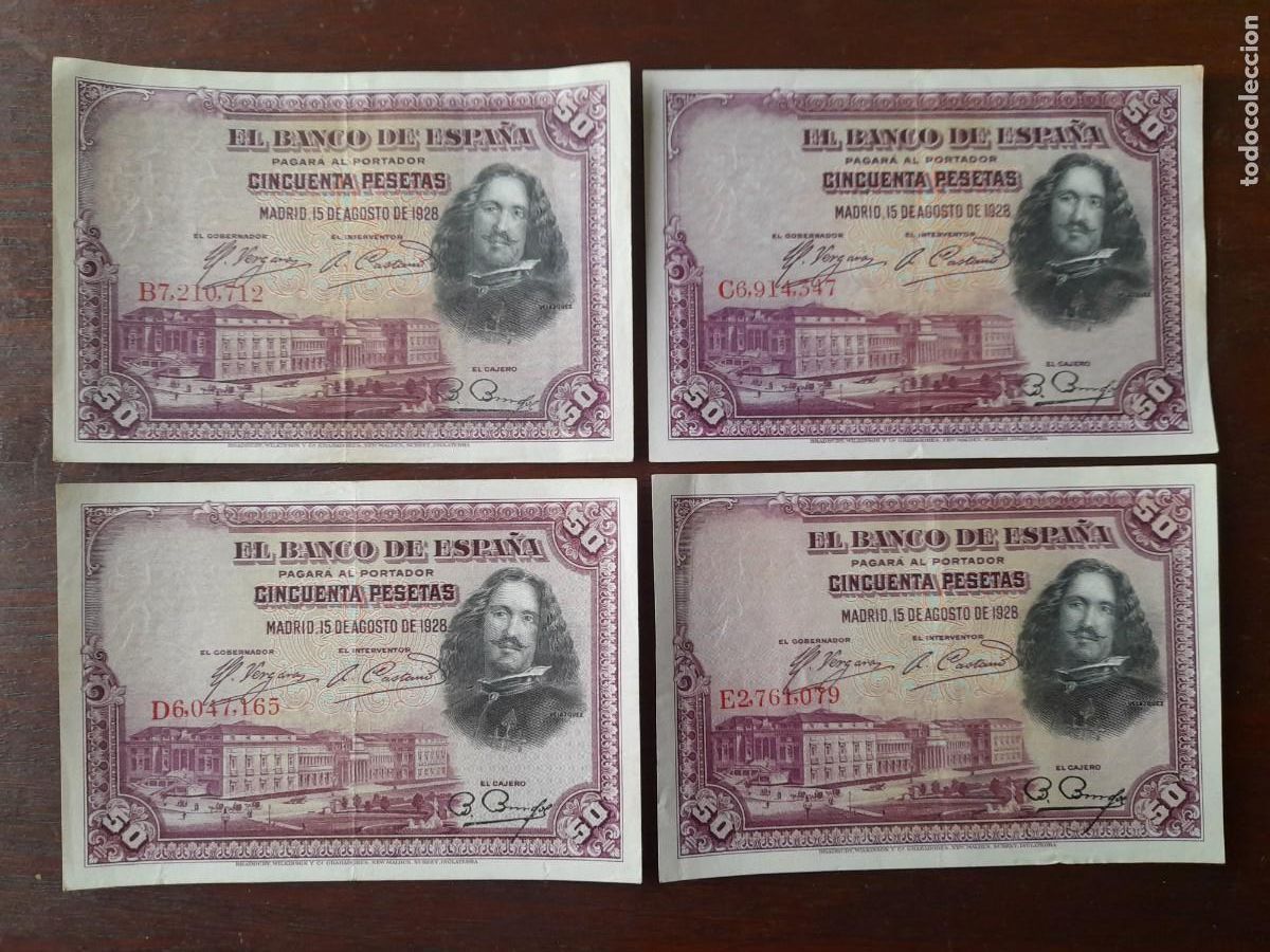 Billetes espa&ntilde;oles: Un billete 50 pesetas, Velazquez 15-08-1928, 4 billetes a elegir con distintas series B,C,DoE