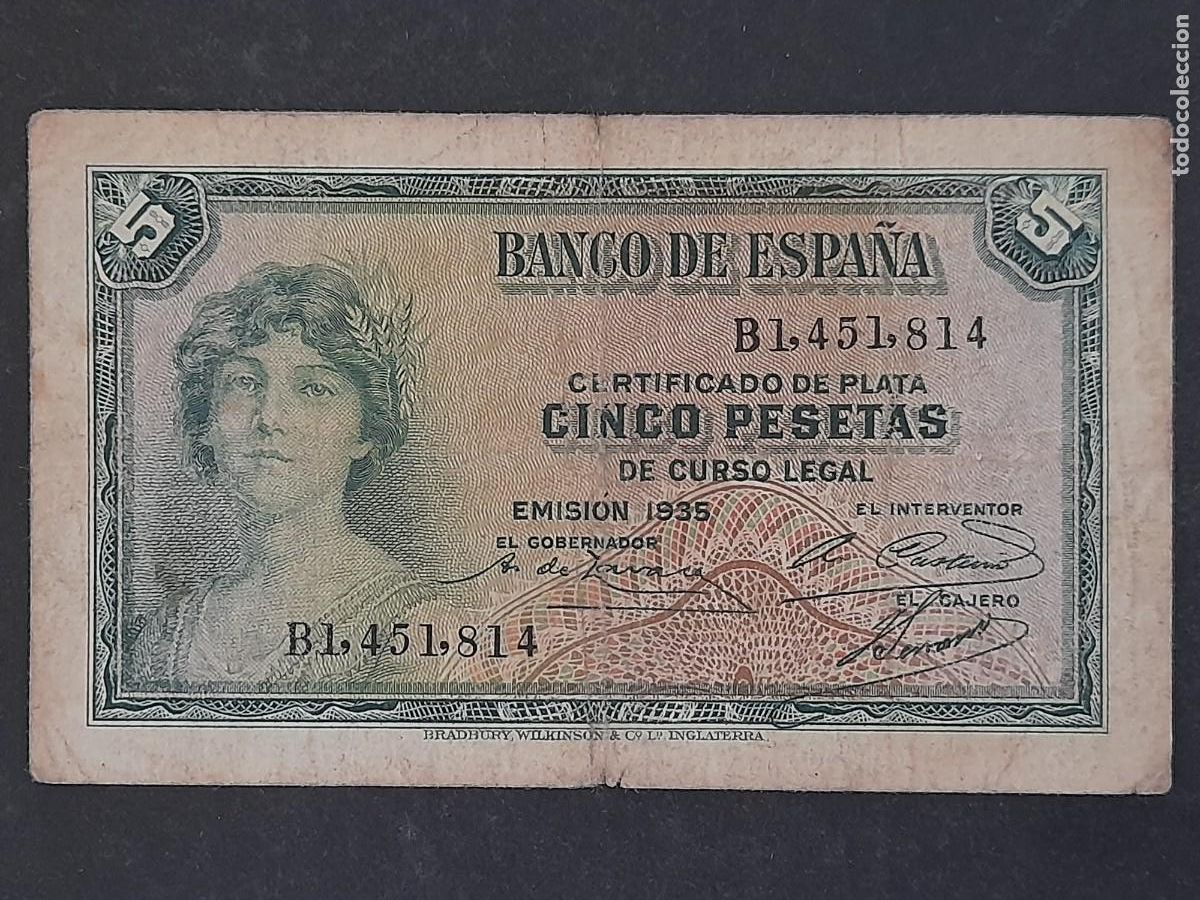 Spanish Banknotes: Un billete de 5 pesetas de la II Rep&uacute;blica Espa&ntilde;ola 1935, : Wor:P-85a.2, serie B, calidad BC