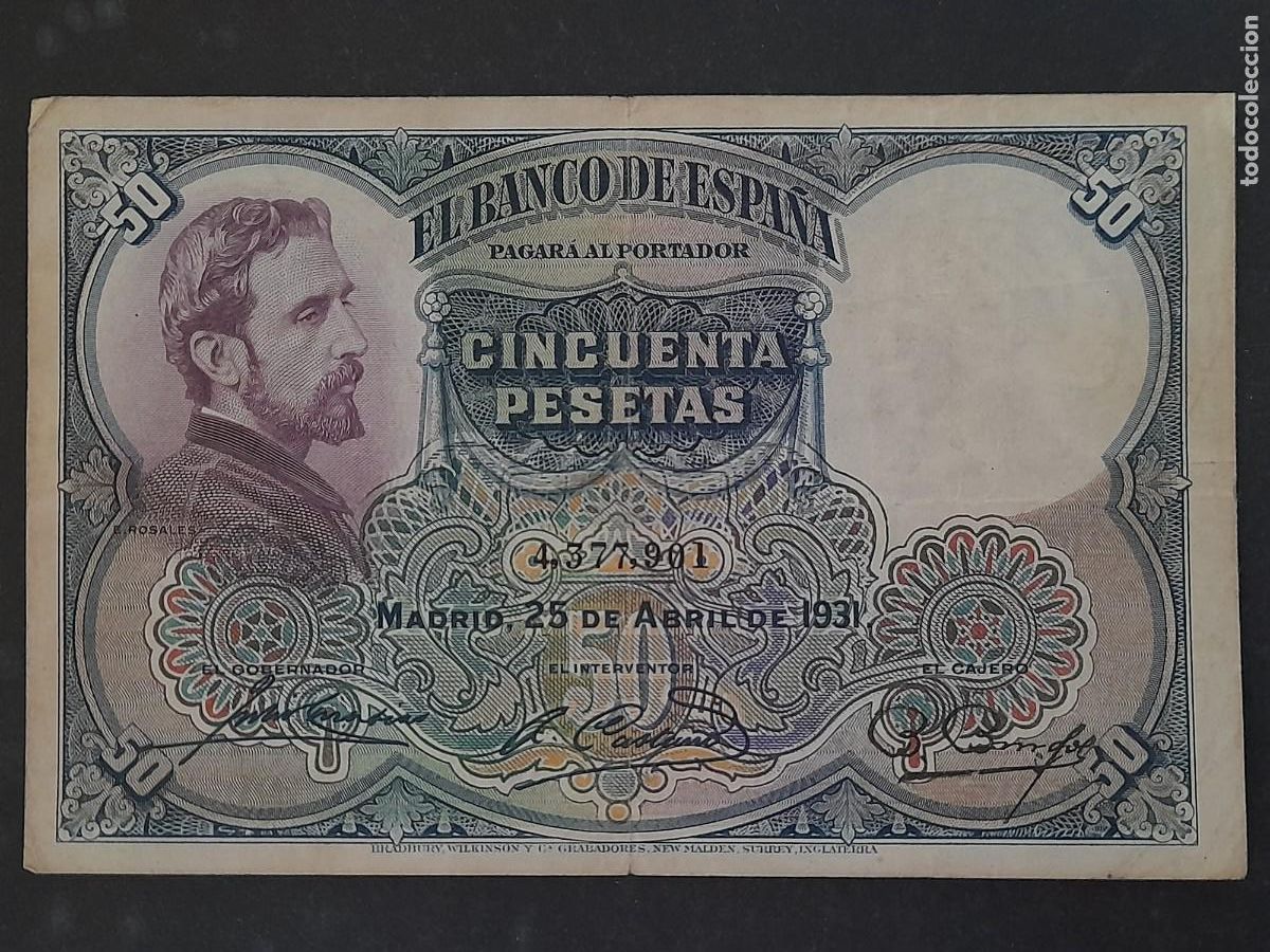 Billets espagnols: Un billete de 50 pesetas, E. Rosales del 25-04-1931, sin letra de serie, Wor:P-82, calidad BC.