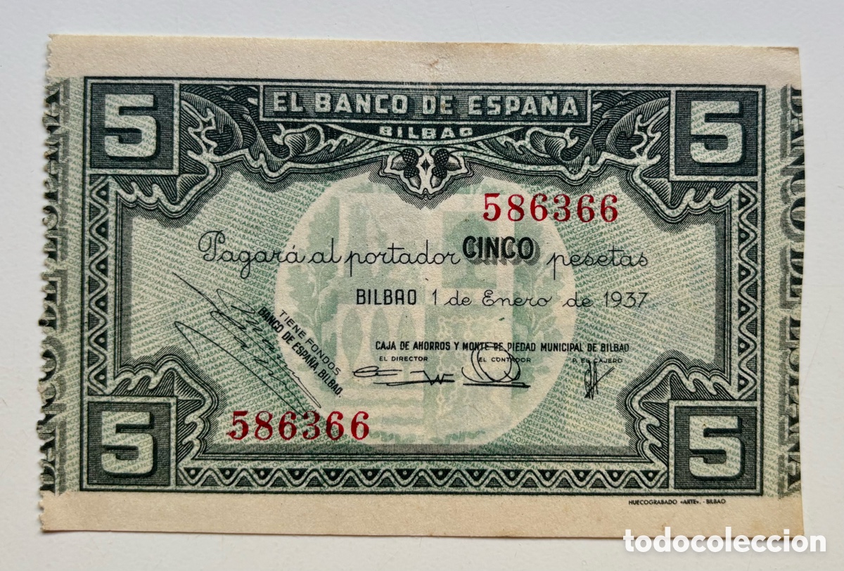 Spanische Banknoten: Billete 5 Pesetas 1937. BANCO BILBAO
