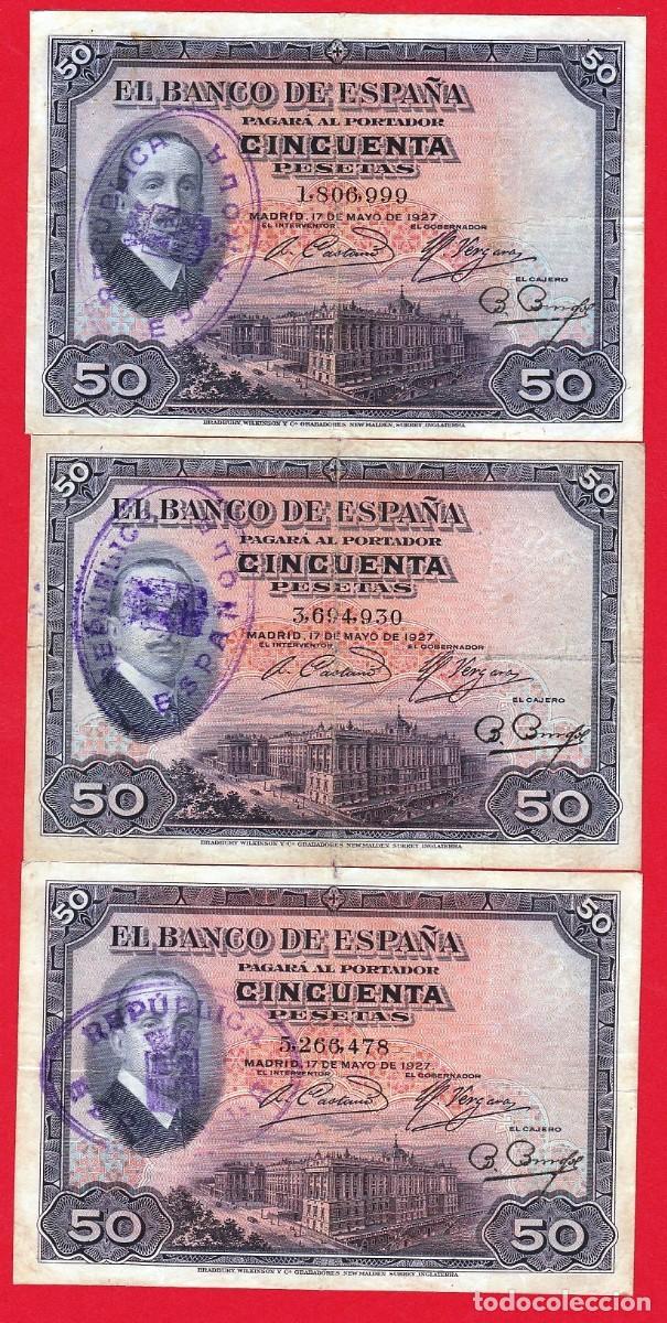 Banconote spagnole: LOTE de 3 billetes circulados, 50 pesetas 1927.