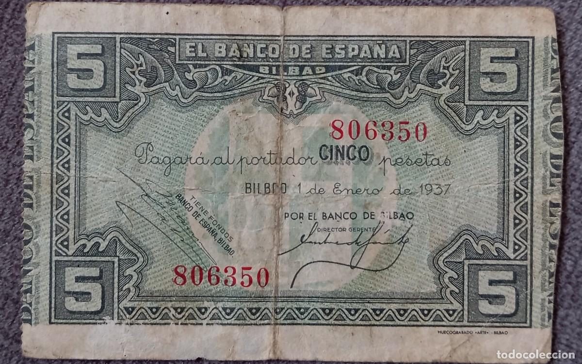 Billetes espa&ntilde;oles: 5 pesetas 1937 Bilbao Banco de Bilbao (BC+) - Foto 1