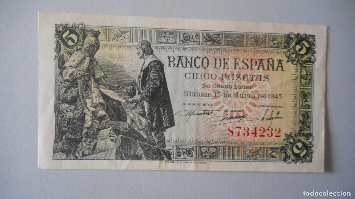 Billetes espa&ntilde;oles: 5 PESETAS JUNIO 1945. SIN SERIE. EBC/EBC+ - Foto 1