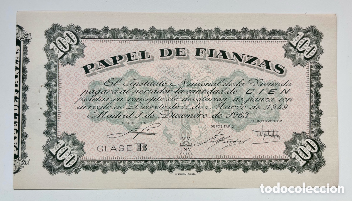 Spanische Banknoten: PAPEL DE FIANZAS 100 Pesetas 1963. Clase B