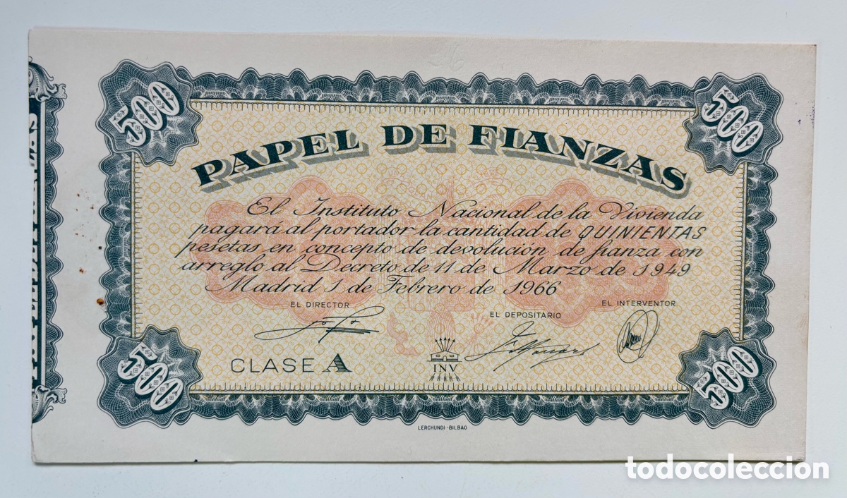 Spanische Banknoten: PAPEL DE FIANZAS 500 Pesetas 1966 Clase A
