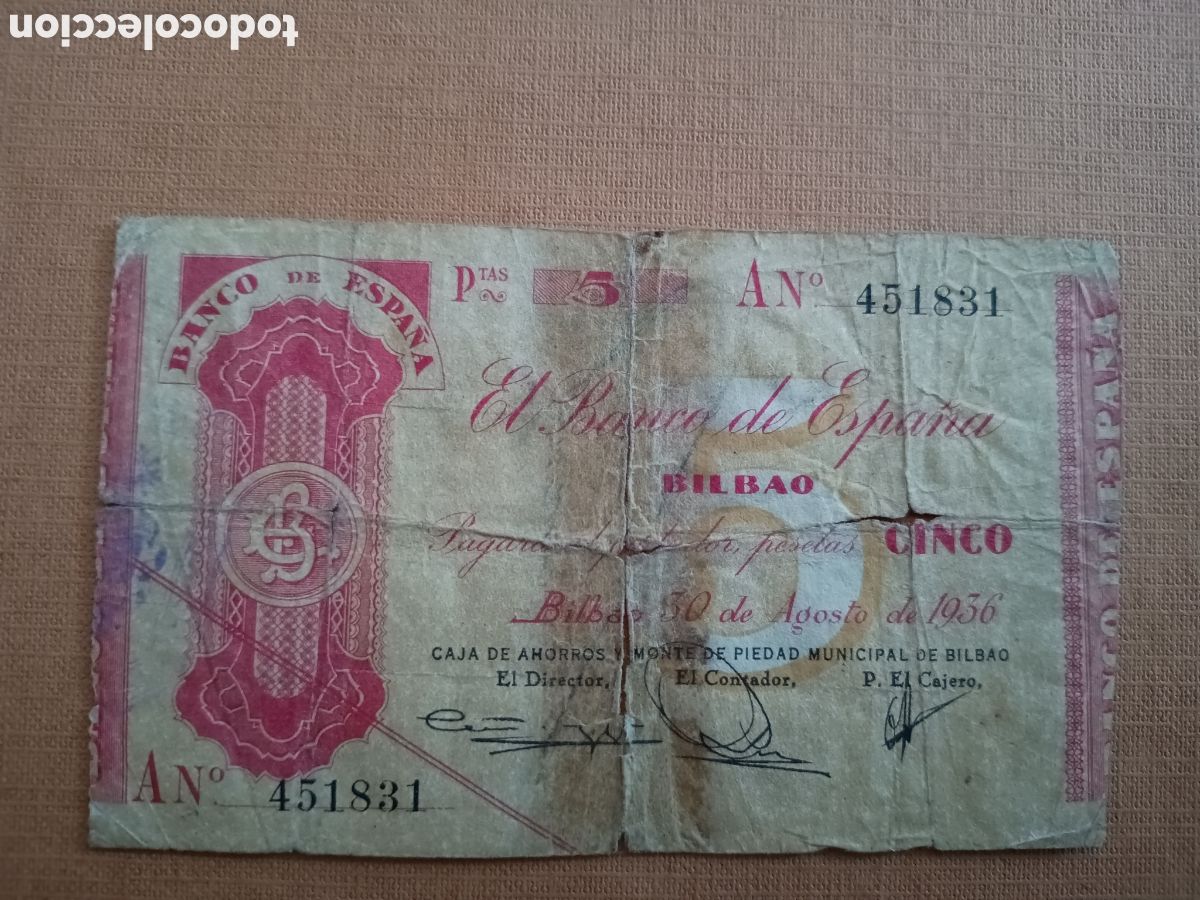 Billetes espa&ntilde;oles: BANCO DE ESPA&Ntilde;A - BILBAO - 5 PESETAS 1936 - 30 de agosto de 1936