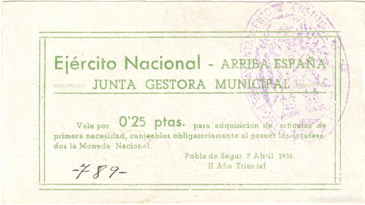 Banconote spagnole: BILLETE POBLA DE SEGUR 25 CENTIMOS 1938 - EJERCITO NACIONAL - ARRIBA ESPA&Ntilde;A - RARO