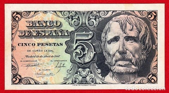 Billetes espa&ntilde;oles: 5 Pesetas, 1947 Seneca Serie A, EBC+ - Foto 1