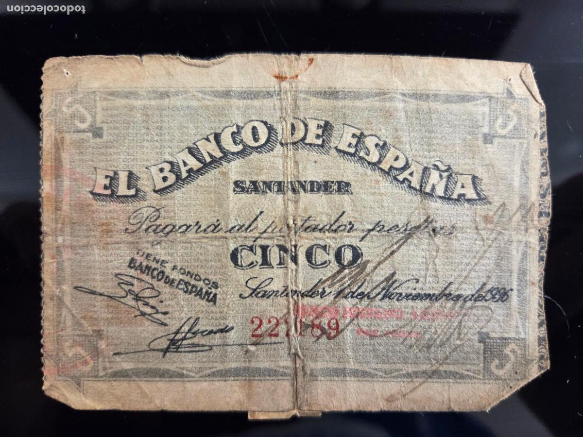Billetes espa&ntilde;oles: BILLETE DE 5 PESETAS 1936 SANTANDER - Foto 1