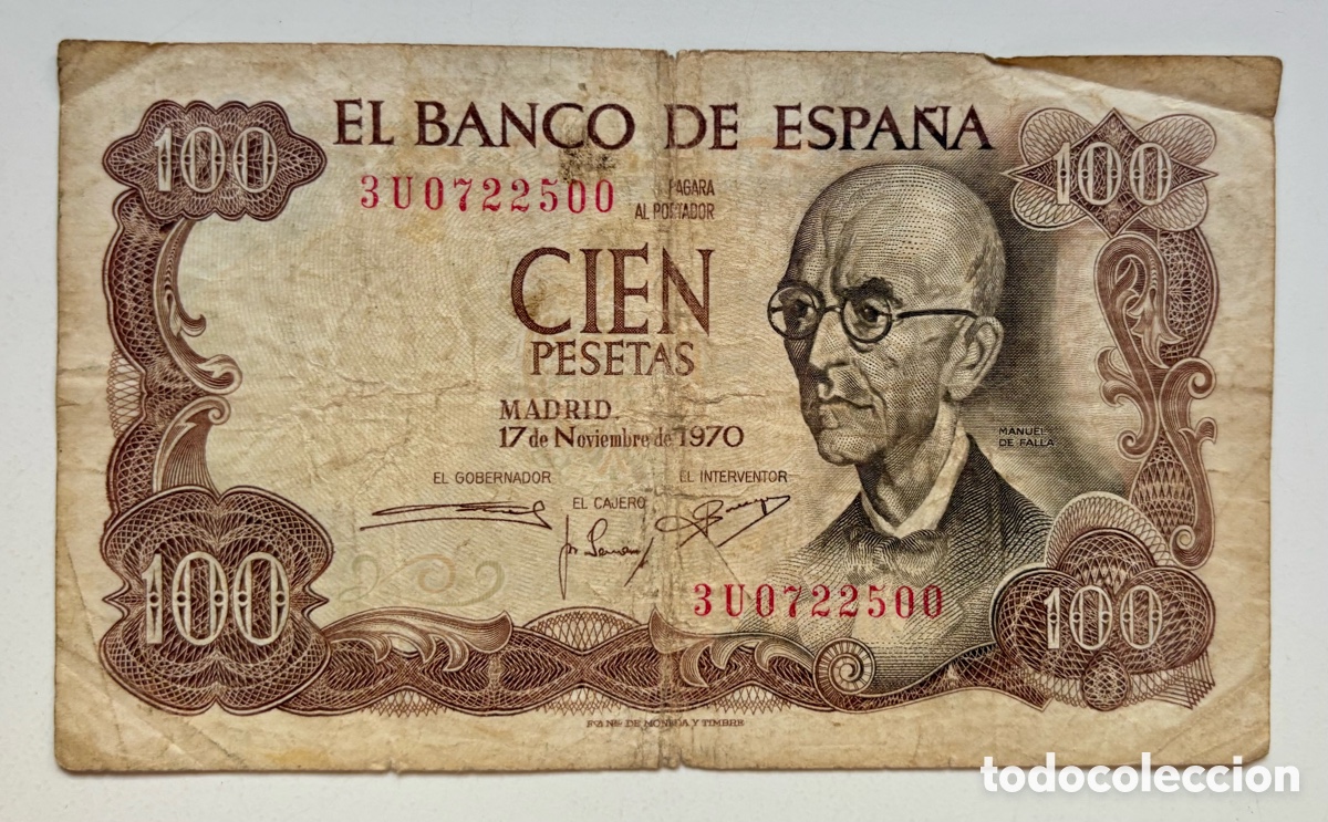 Billetes espa&ntilde;oles: Billete 100 Pesetas 1970. Manuel de Falla - Foto 1