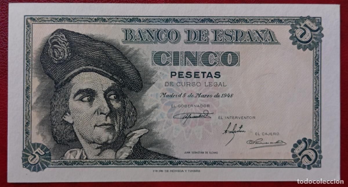 Billetes espa&ntilde;oles: 5 pesetas 1948 serie A SC (UNC) - Foto 1