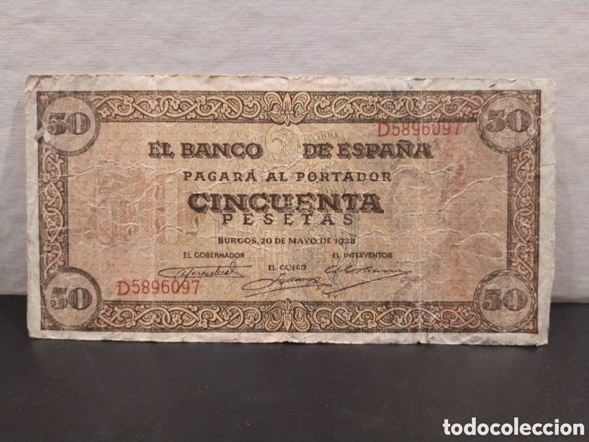 Spanische Banknoten: Estado Espa&ntilde;ol. 1938. 50 Pesetas (BC/BC-) Serie D