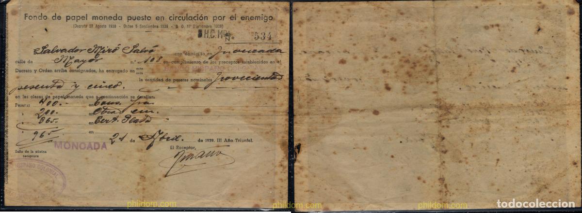 Banconote spagnole: 10860 ESPA&Ntilde;A 1938 Fondo de papel moneda, puesto en circulaci&oacute;n por enemigo (Banco Hispano Colonia