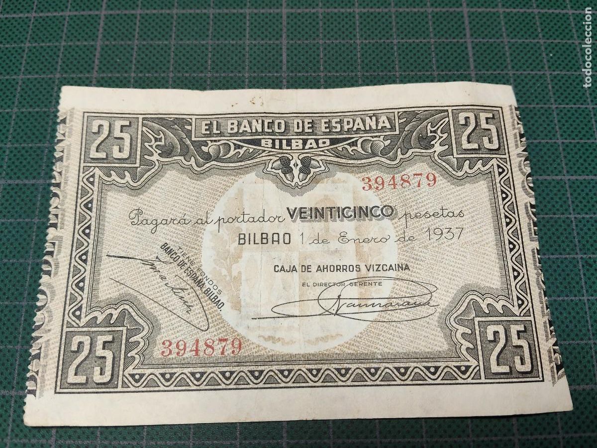 Notas espanholas: 25 PESETAS 1937 BANCO ESPA&Ntilde;A BILBAO - CAJA AHORROS VIZCAINA