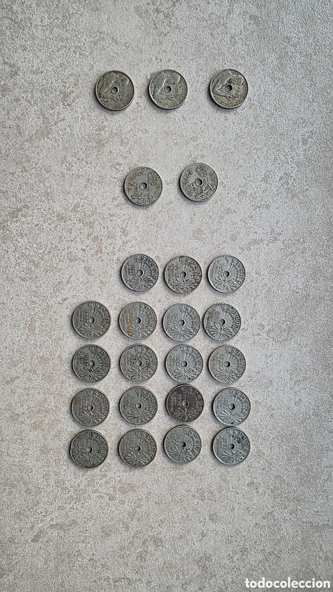 Billetes espa&ntilde;oles: Lote 24 monedas 25 c&eacute;ntimos Espa&ntilde;a (1937, 1934, 1927) &ndash; colecci&oacute;n