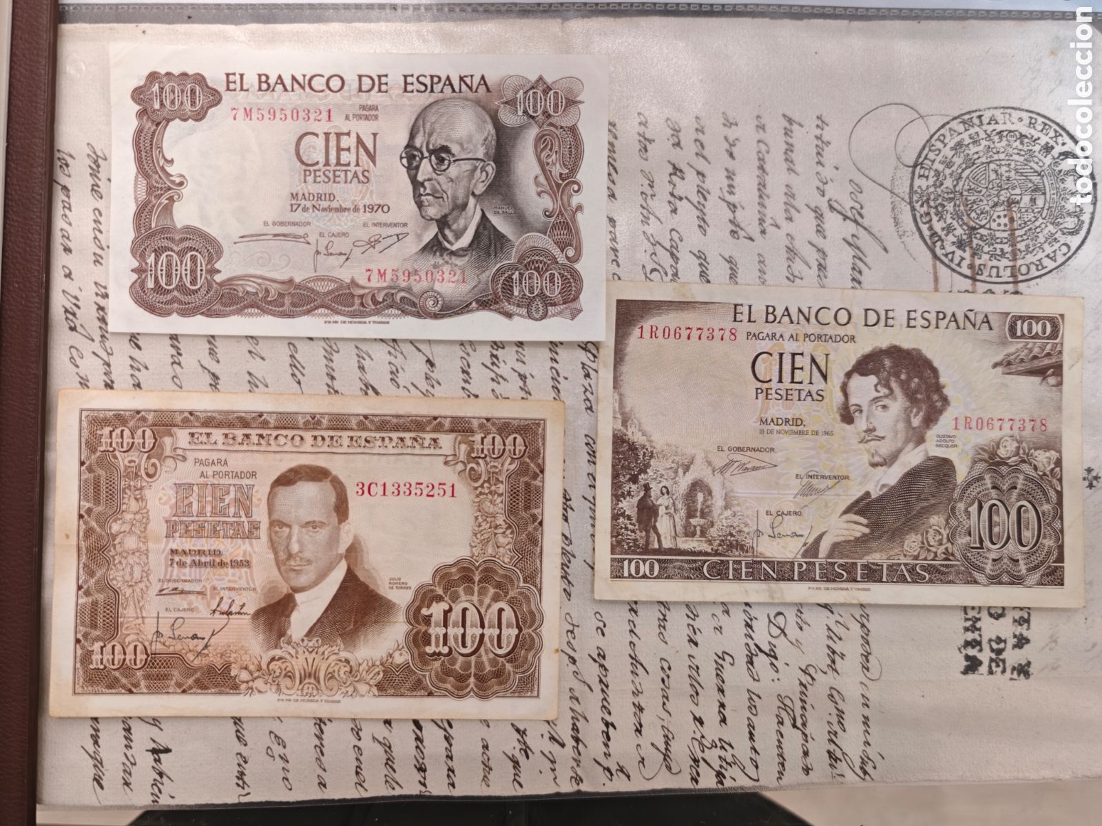 Billets espagnols: 3 BILLETES 100 PESETAS A&Ntilde;OS 1953. 1965. 1970. ESPA&Ntilde;A