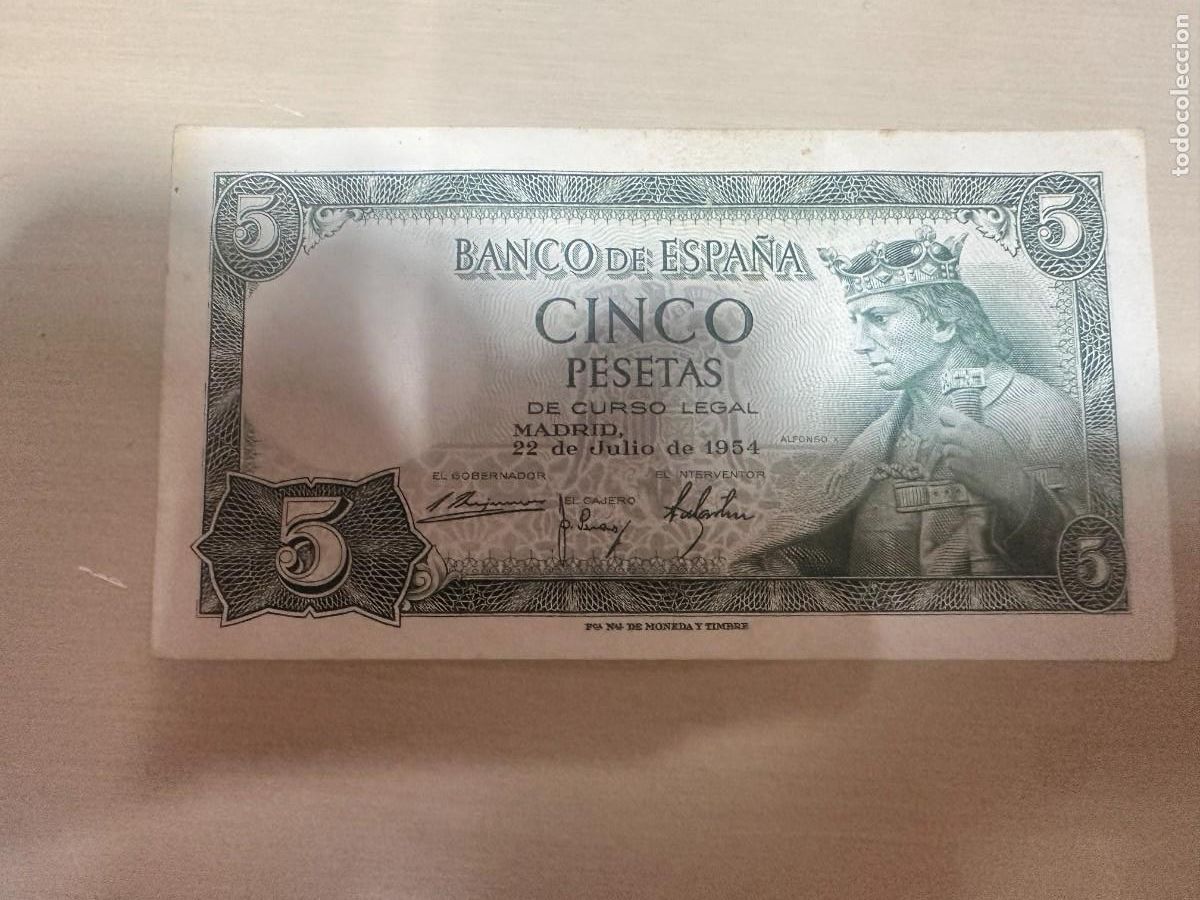 Notas espanholas: BILLETE DE CINCO PESETAS MADRID 22 DE JULIO DE 1954