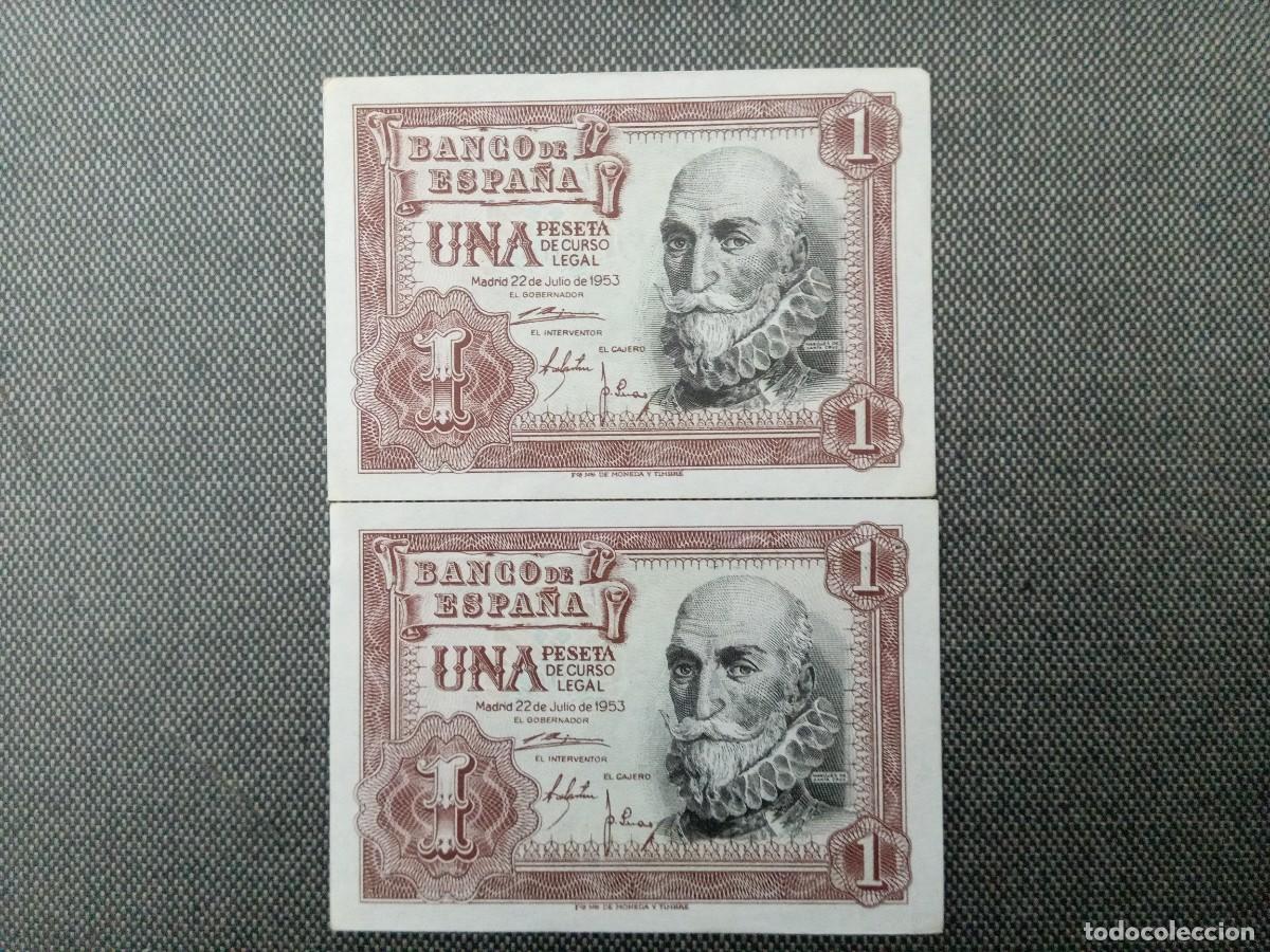 Billetes espa&ntilde;oles: 2 billetes 1 peseta Julio 1953. Correlativos A0377334 y A0377335