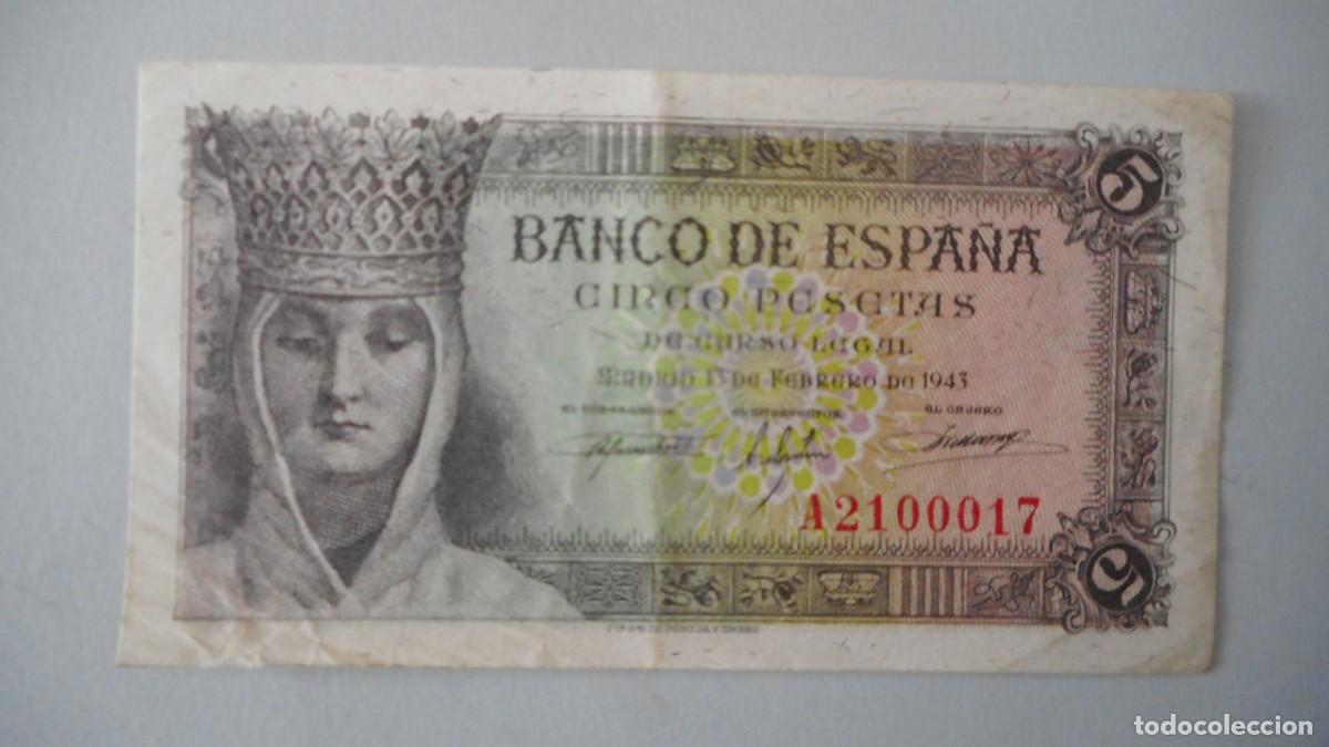 Billetes espa&ntilde;oles: 5 PESETAS 1943 / CIRCULADA - Foto 1