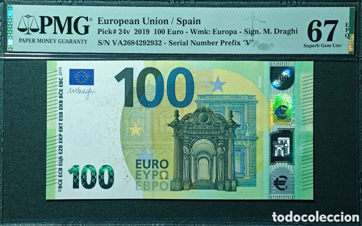 Billetes espa&ntilde;oles: 100 EURO V003A1 VA ESPA&Ntilde;A DRAGHI 2019 PAREJA CORRELATIVA SC PLANCHA RIGUROSA PMG 67 EPQ