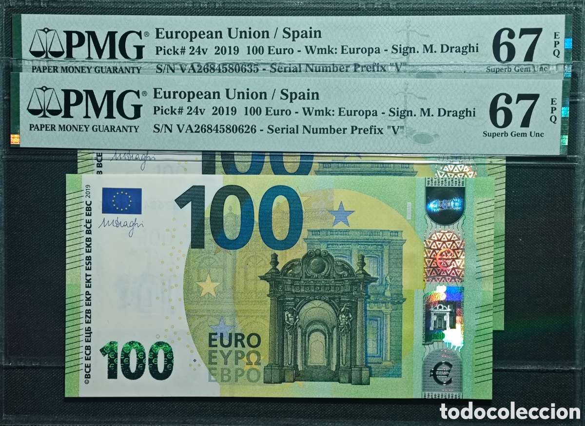 Spanish Banknotes: 100 EURO V003A1 VA PAREJA CORRELATIVA PRIMERA POSICI&Oacute;N DRAGHI ESPA&Ntilde;A 2019 SC PMG 67/67 EPQ