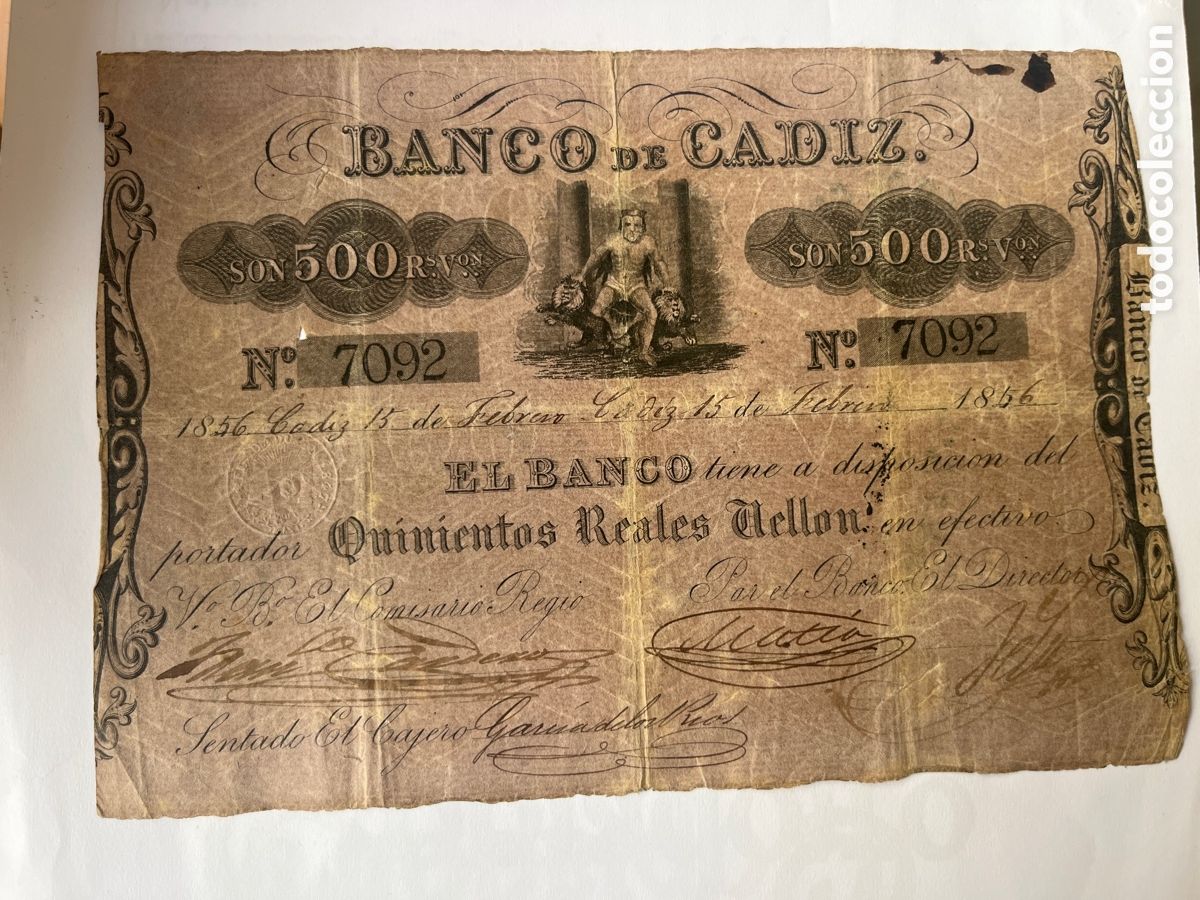 Billetes espa&ntilde;oles: Banco de C&aacute;diz 500 Reales Vell&oacute;n 1856
