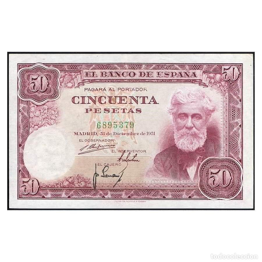Billetes espa&ntilde;oles: Espa&ntilde;a 1951 [BLL] Santiago Rusi&ntilde;ol. 50 pts. Estado Espa&ntilde;ol (AU)