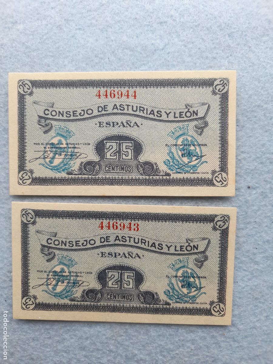 Billetes espa&ntilde;oles: Pareja Correlativa. Consejo de Asturias y Le&oacute;n. 25 C&eacute;ntimos. Sin Circular.