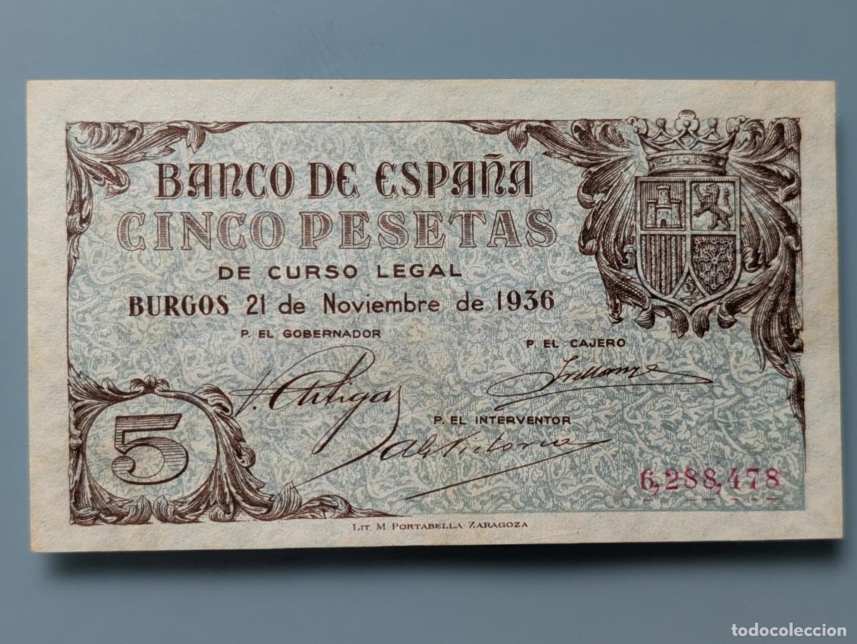 Banconote spagnole: MUY DIFICIL BILLETE 5 PESETAS BANCO ESPA&Ntilde;A BURGOS 1936 SIN SERIE EXCELENTE CONSERVACION EBC