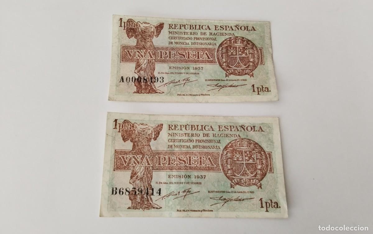 Billetes espa&ntilde;oles: DOS BILLETES DE 1 PTS A&Ntilde;O 1937 &rdquo;REPUBLICA ESPA&Ntilde;OLA&rdquo; MUY BUENA CONSERVACION