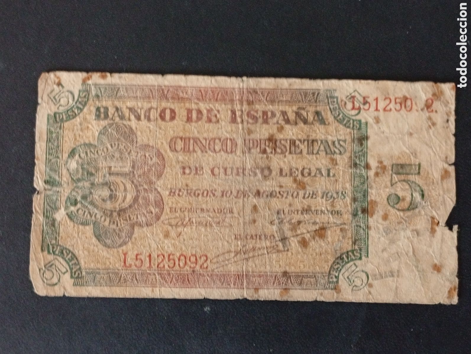Billetes espa&ntilde;oles: Billete de 5 pesetas 1938 guerra civil Espanya